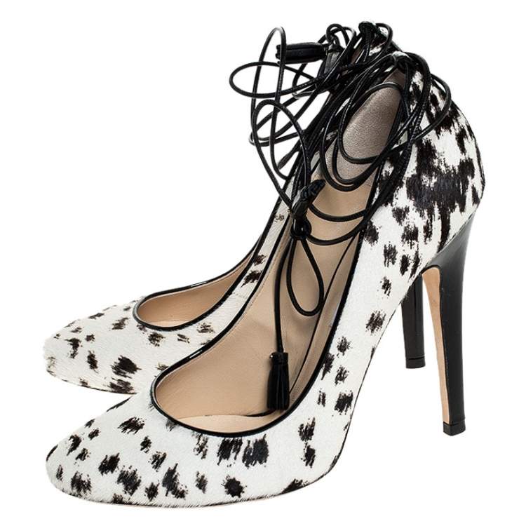 Pre Owned Jimmy Choo White/Black Printed Pony Hair Cedar Ankle Wrap Pumps Size 39.5