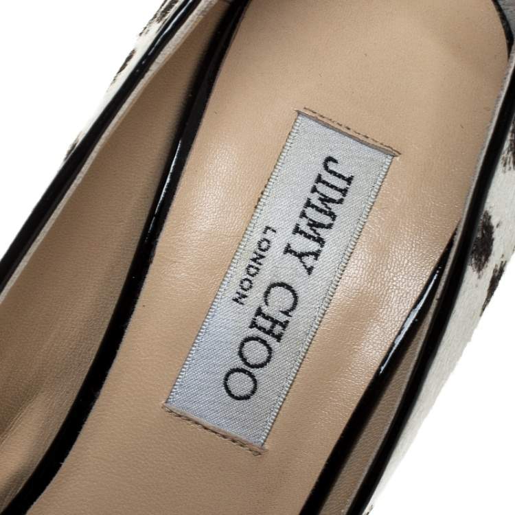 Pre Owned Jimmy Choo White/Black Printed Pony Hair Cedar Ankle Wrap Pumps Size 39.5