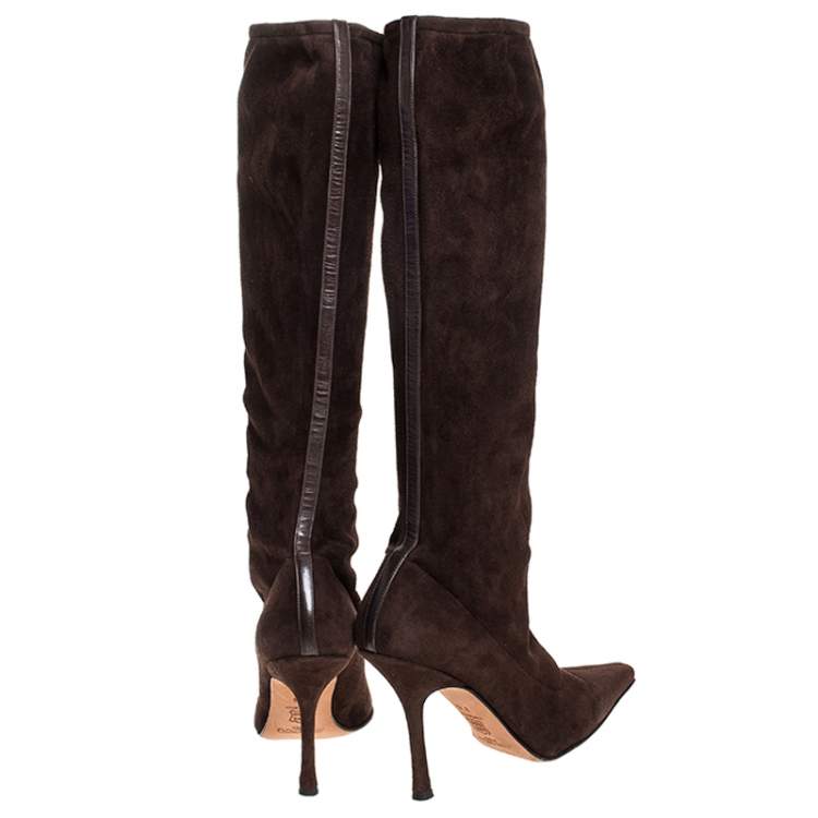 Jimmy Choo Brown Suede Leather Knee Length Pointed Toe Boots Size 38.5