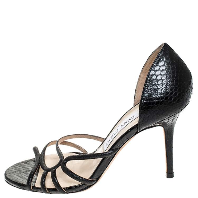 Pre Owned Jimmy Choo Black Python Leather And Glitter Suede Straits Strappy Sandals Size 37