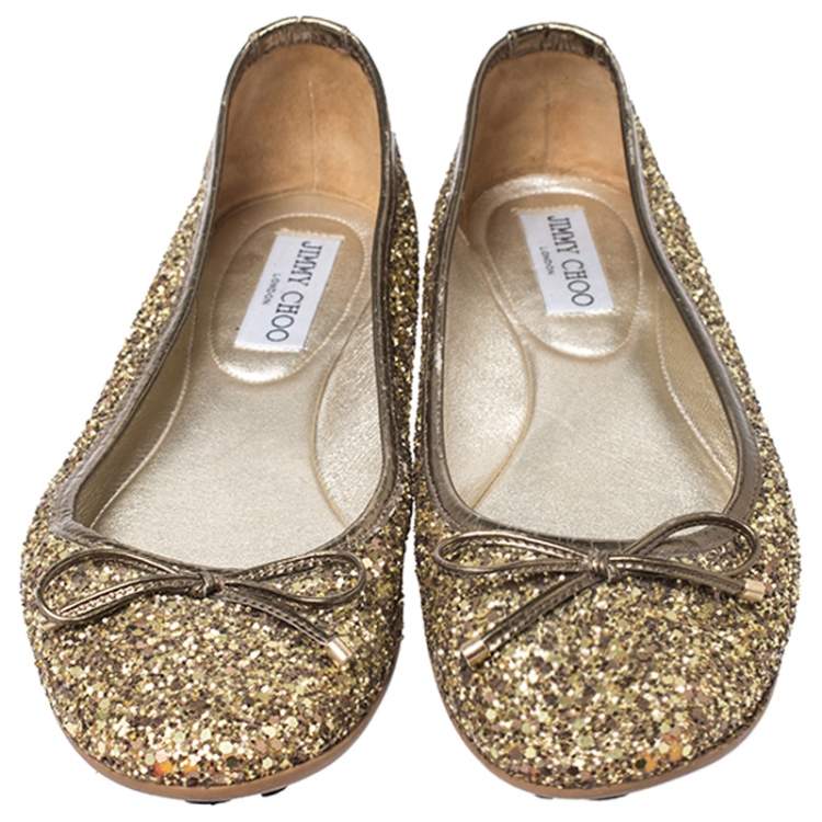 Pre Owned Jimmy Choo Gold Coarse Glitter Fabric Walsh Bow Ballet Flats Size 37.5