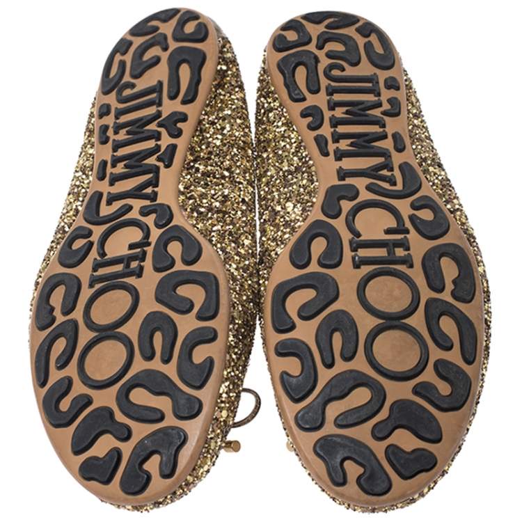 Pre Owned Jimmy Choo Gold Coarse Glitter Fabric Walsh Bow Ballet Flats Size 37.5