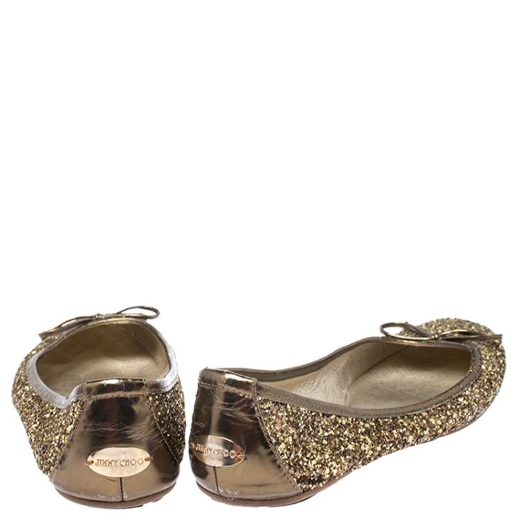 Pre Owned Jimmy Choo Gold Coarse Glitter Fabric Walsh Bow Ballet Flats Size 37.5