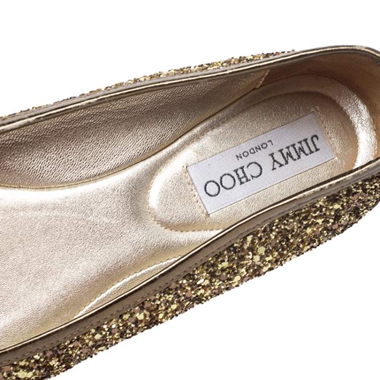 Pre Owned Jimmy Choo Gold Coarse Glitter Fabric Walsh Bow Ballet Flats Size 37.5