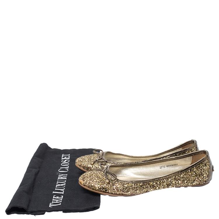 Pre Owned Jimmy Choo Gold Coarse Glitter Fabric Walsh Bow Ballet Flats Size 37.5