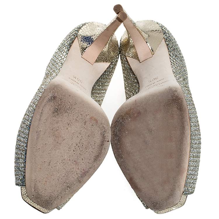 Pre Owned Jimmy Choo Silver Glitter Fabric Luna Peep Toe Platform Pumps Size 36.5