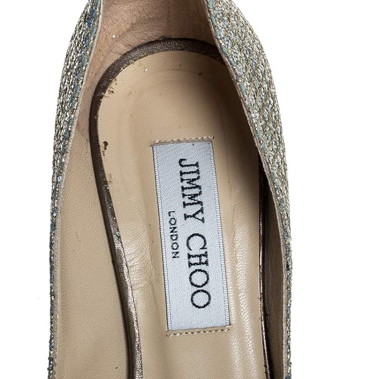 Pre Owned Jimmy Choo Silver Glitter Fabric Luna Peep Toe Platform Pumps Size 36.5