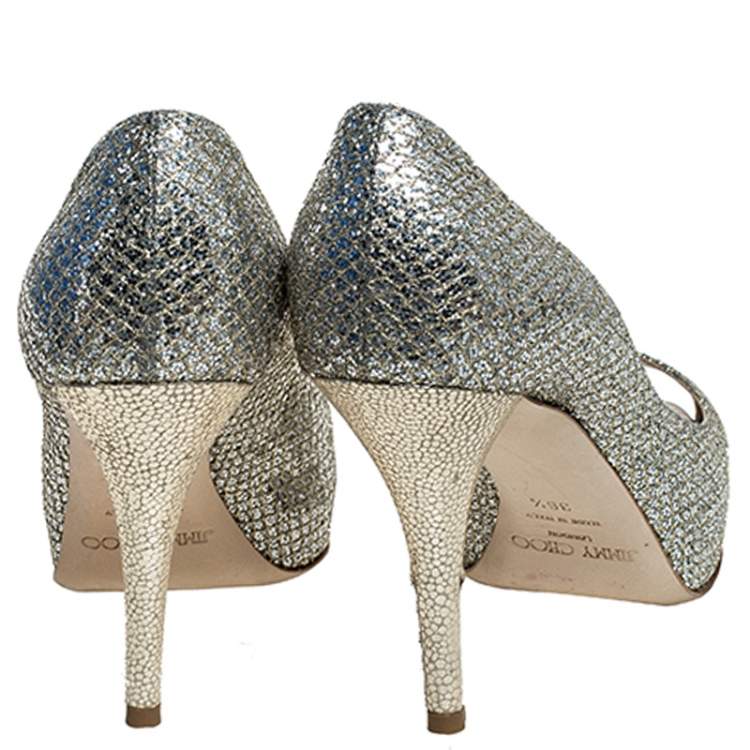Pre Owned Jimmy Choo Silver Glitter Fabric Luna Peep Toe Platform Pumps Size 36.5