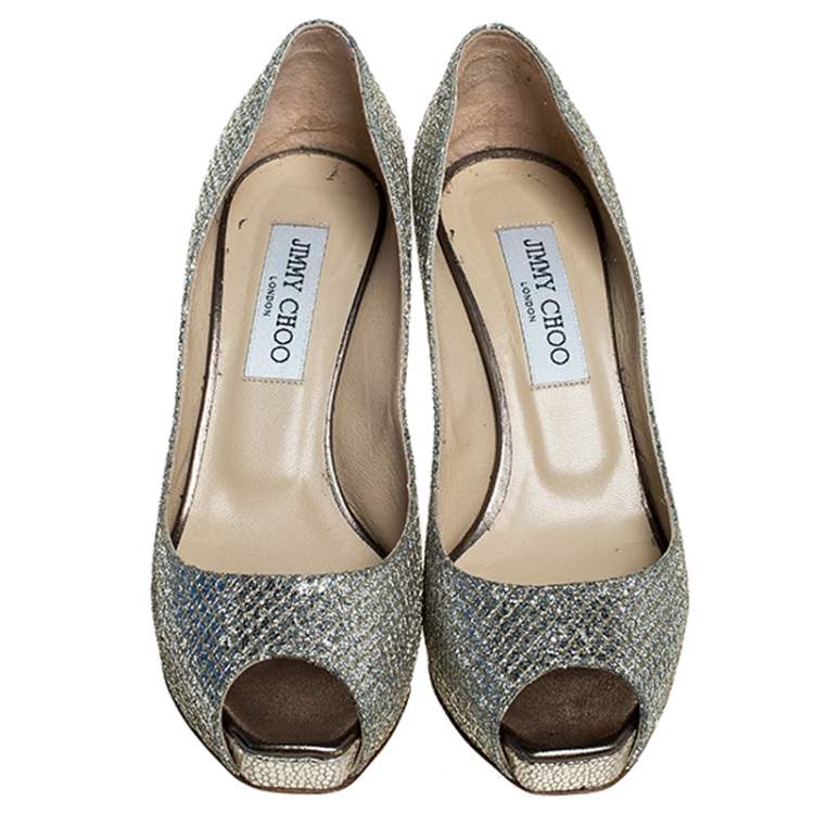 Pre Owned Jimmy Choo Silver Glitter Fabric Luna Peep Toe Platform Pumps Size 36.5