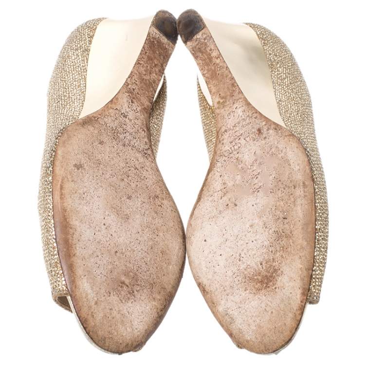 Pre Owned Jimmy Choo Gold Glitter Fabric Bergen Peep Toe Wedges Size 40