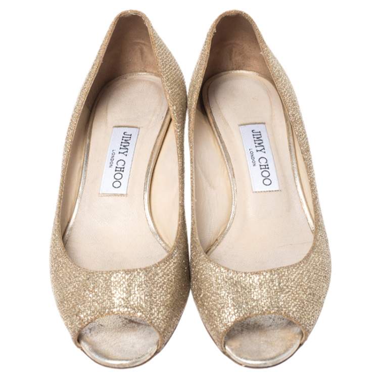 Pre Owned Jimmy Choo Gold Glitter Fabric Bergen Peep Toe Wedges Size 40