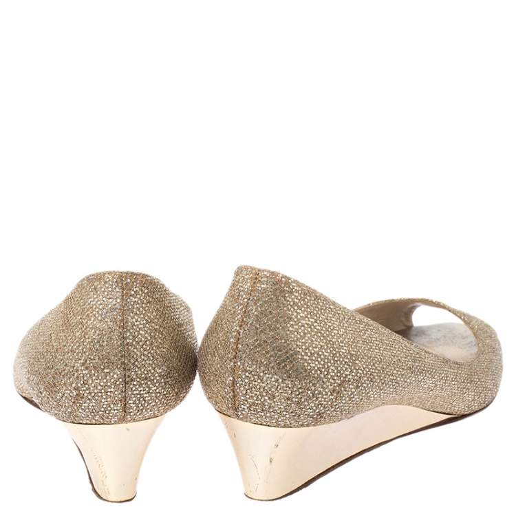 Pre Owned Jimmy Choo Gold Glitter Fabric Bergen Peep Toe Wedges Size 40