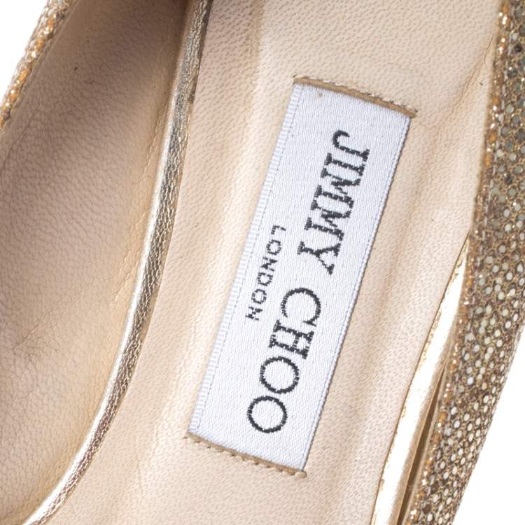 Pre Owned Jimmy Choo Gold Glitter Fabric Bergen Peep Toe Wedges Size 40
