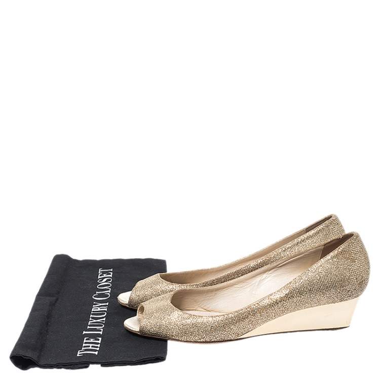 Pre Owned Jimmy Choo Gold Glitter Fabric Bergen Peep Toe Wedges Size 40