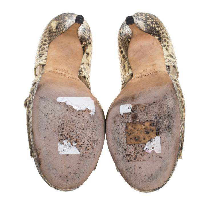 Pre Owned Jimmy Choo Yellow/Brown Python Private Peep Toe Sandals Size 38