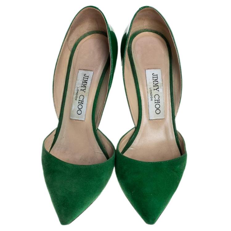 Pre Owned Jimmy Choo Green Suede And Patent Liz Pointed Toe Pumps Size 35.5