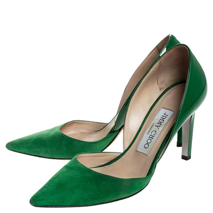 Pre Owned Jimmy Choo Green Suede And Patent Liz Pointed Toe Pumps Size 35.5