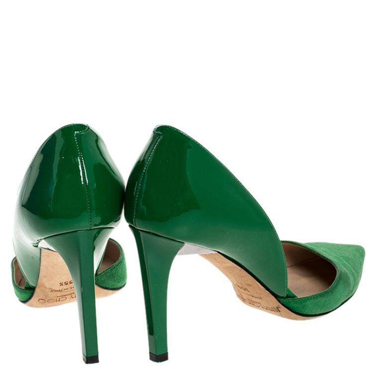 Pre Owned Jimmy Choo Green Suede And Patent Liz Pointed Toe Pumps Size 35.5