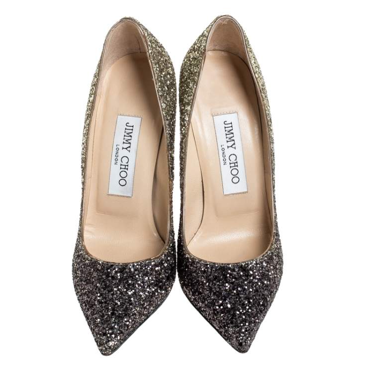 Pre Owned Jimmy Choo Black/White Ombre Coarse Glitter Fabric Romy Pointy Toe Pumps Size 34.5