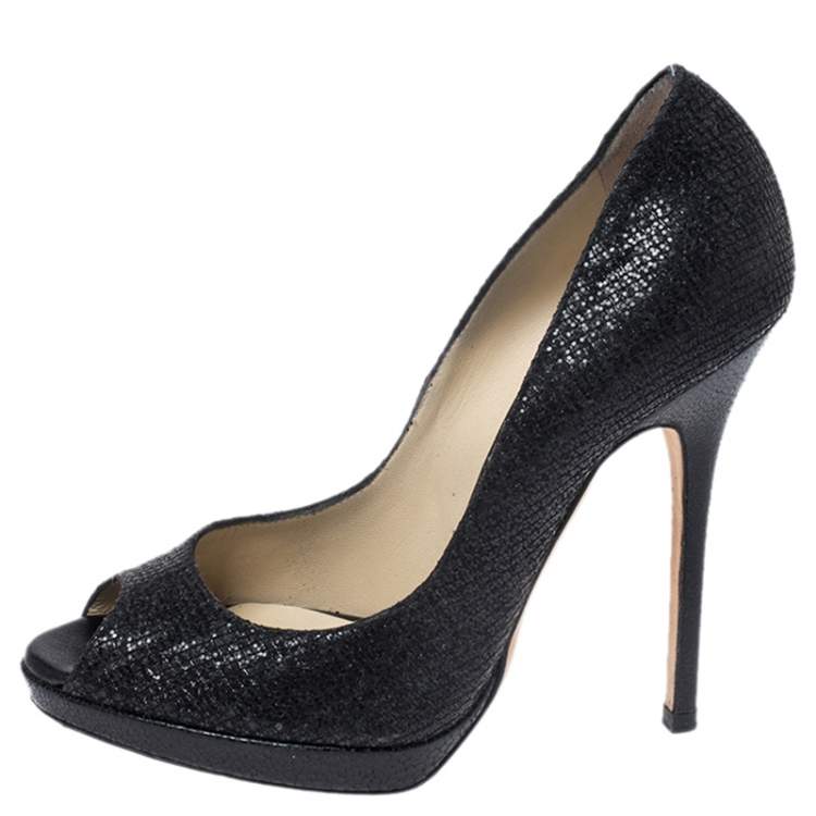 Pre Owned Jimmy Choo Black Lamè Fabric Quiet Peep Toe Platform Pumps Size 37