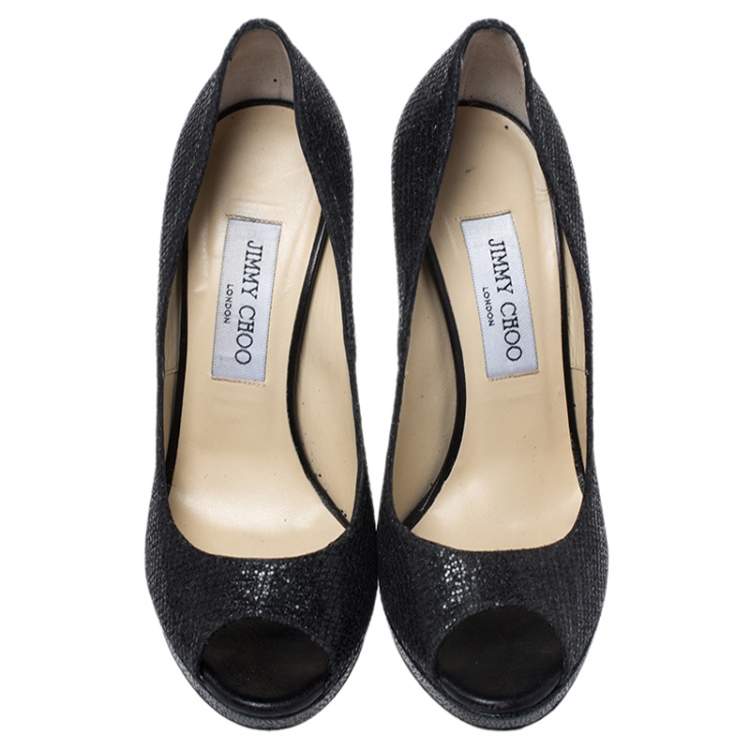 Pre Owned Jimmy Choo Black Lamè Fabric Quiet Peep Toe Platform Pumps Size 37