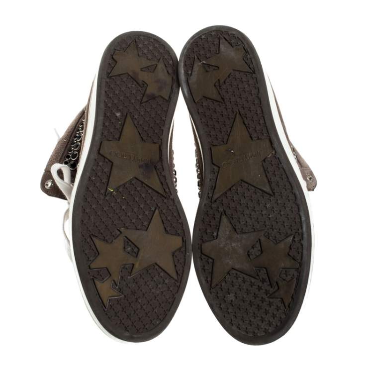 Pre Owned Jimmy Choo Grey Suede Crystal Studded Tokyo High-Top Sneakers Size 38