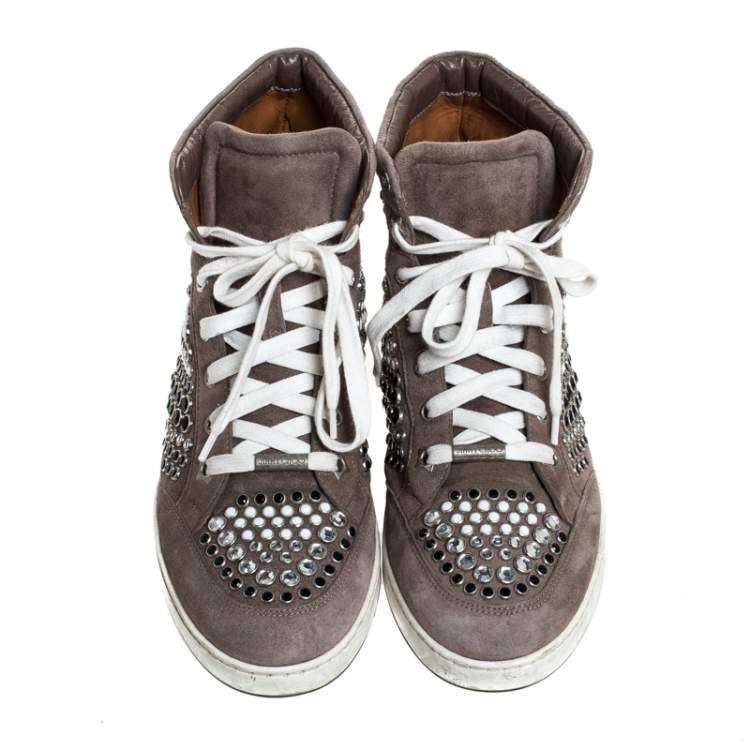 Pre Owned Jimmy Choo Grey Suede Crystal Studded Tokyo High-Top Sneakers Size 38