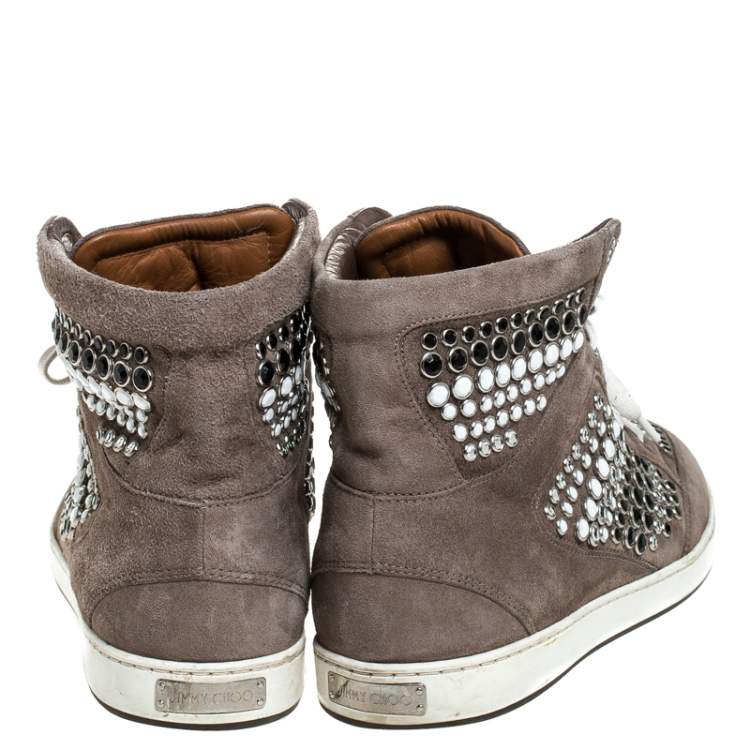 Pre Owned Jimmy Choo Grey Suede Crystal Studded Tokyo High-Top Sneakers Size 38