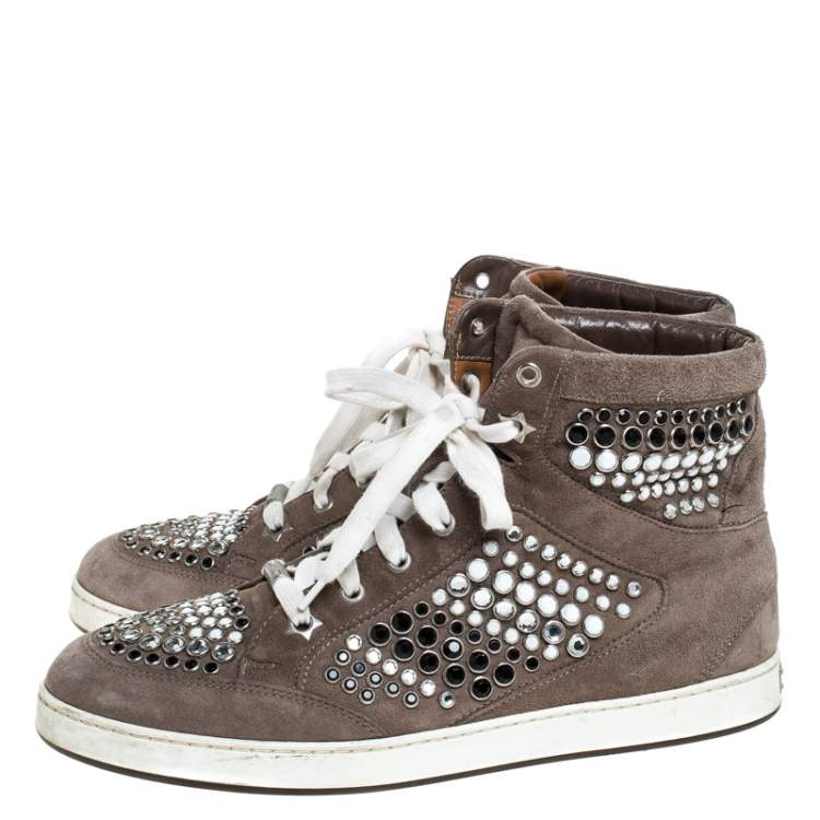 Pre Owned Jimmy Choo Grey Suede Crystal Studded Tokyo High-Top Sneakers Size 38