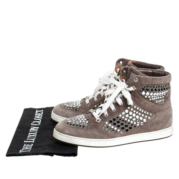 Pre Owned Jimmy Choo Grey Suede Crystal Studded Tokyo High-Top Sneakers Size 38