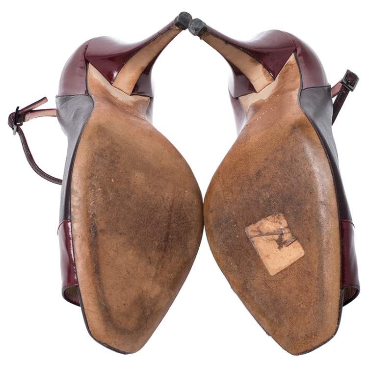 Pre Owned Jimmy Choo Burgundy Leather And Patent Leather Peep Toe Ankle Strap Pumps Size 39