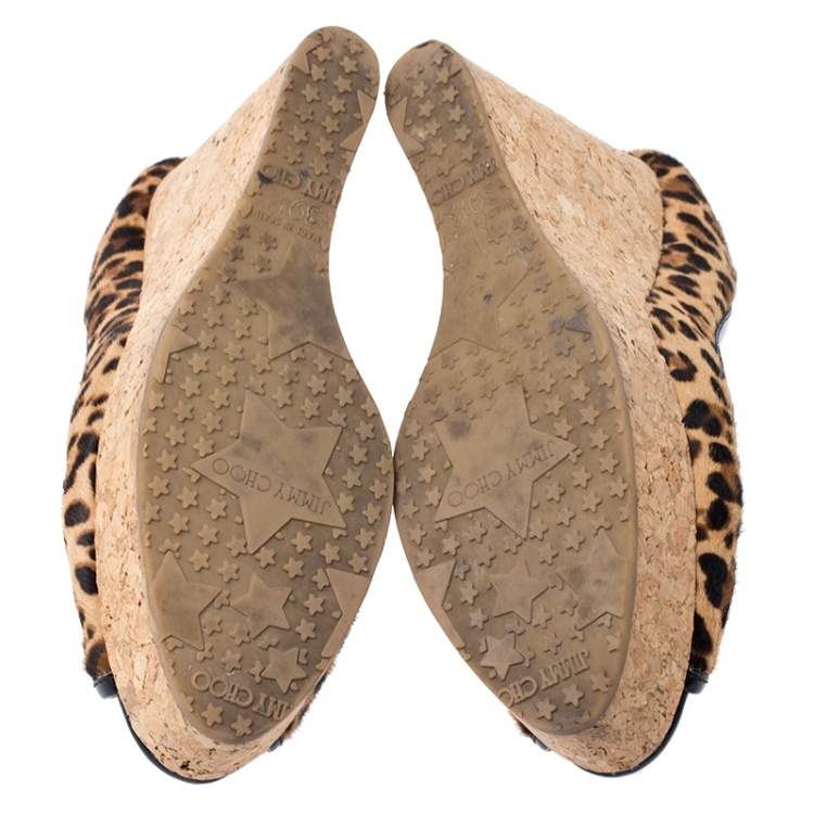 Pre Owned Jimmy Choo Leopard Print Pony Hair And Patent Trim Papina Cork Wedge Pumps Size 39.5