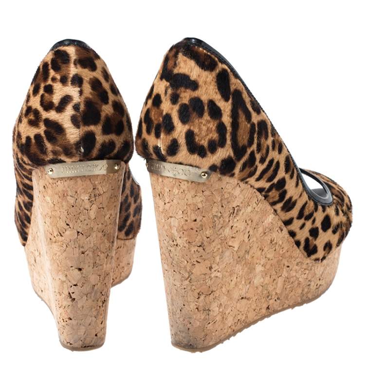 Pre Owned Jimmy Choo Leopard Print Pony Hair And Patent Trim Papina Cork Wedge Pumps Size 39.5