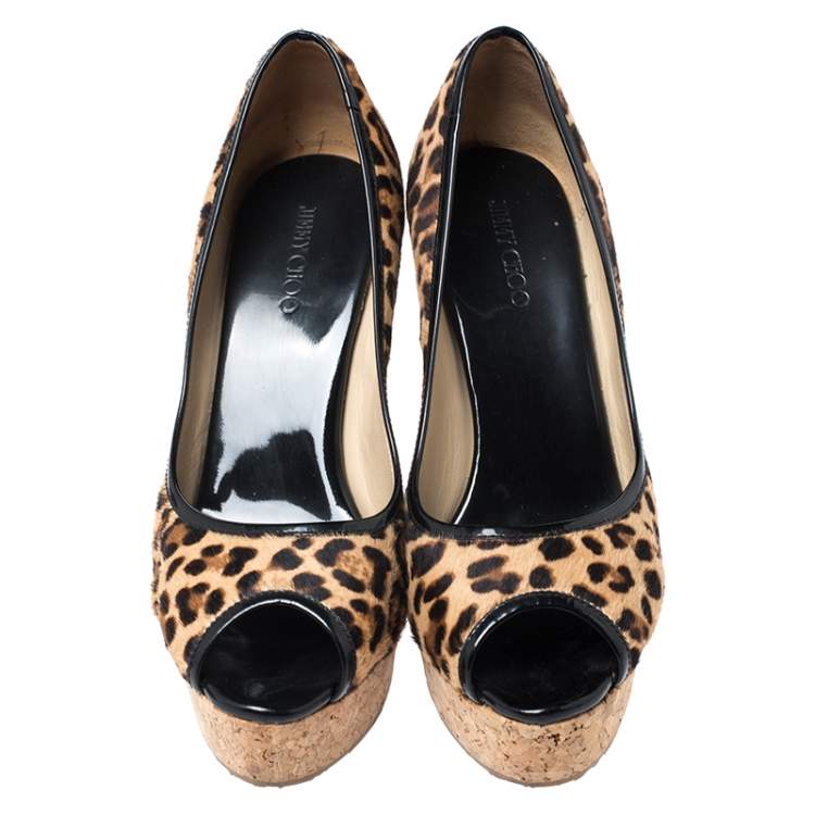 Jimmy Choo Leopard Print Pony Hair And Patent Trim Papina Cork Wedge ...