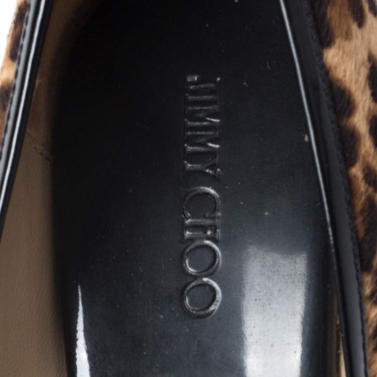 Pre Owned Jimmy Choo Leopard Print Pony Hair And Patent Trim Papina Cork Wedge Pumps Size 39.5