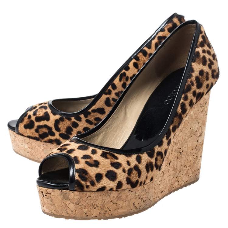Pre Owned Jimmy Choo Leopard Print Pony Hair And Patent Trim Papina Cork Wedge Pumps Size 39.5