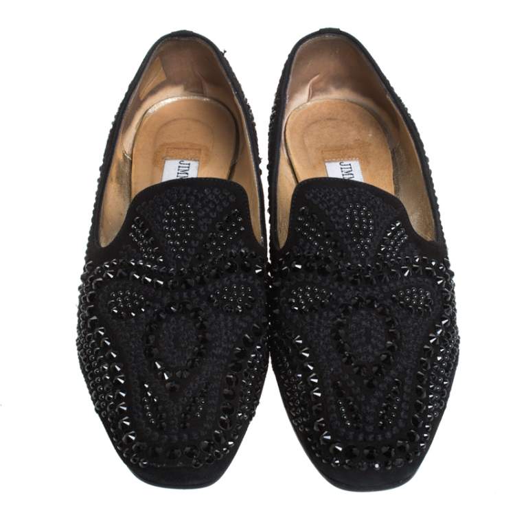 Pre Owned Jimmy Choo Black Suede Crystal Embellished Wheel Smoking Slippers Size 38