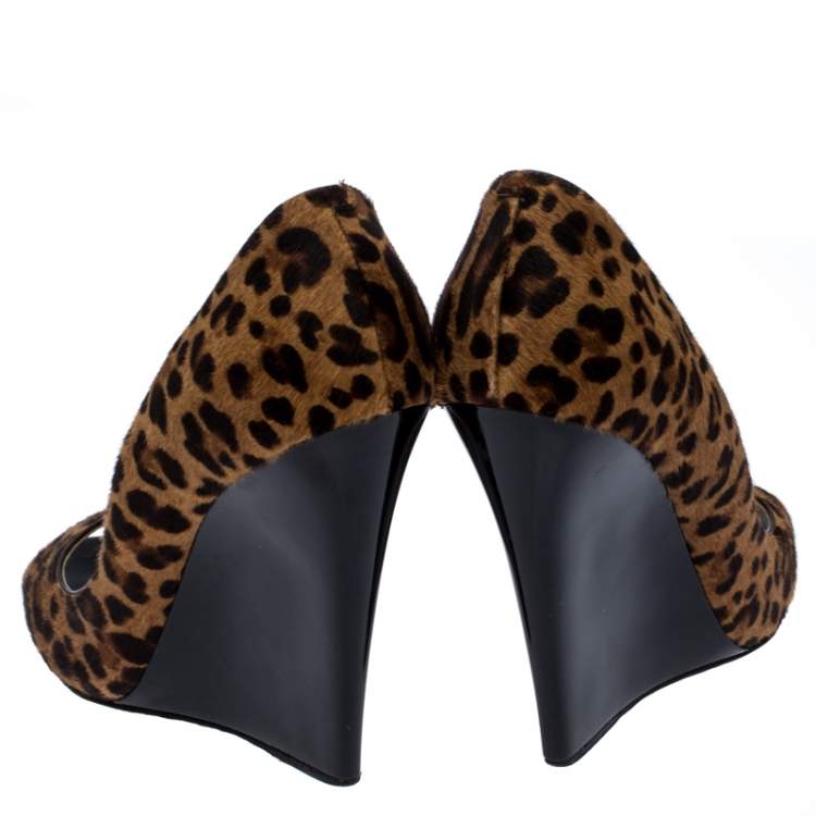 Pre Owned Jimmy Choo Leopard Print Pony Hair Peep Toe Wedges Size 38