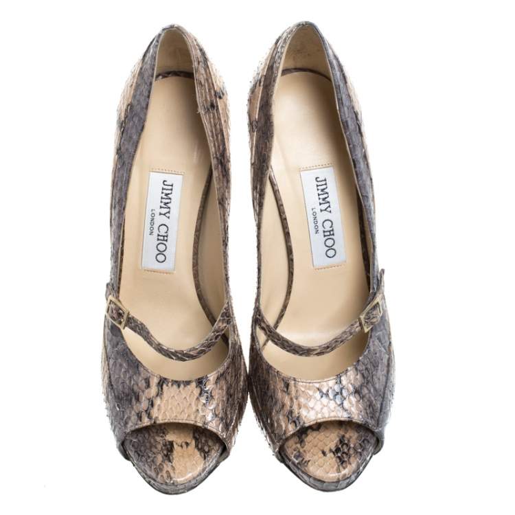Pre Owned Jimmy Choo Beige/Grey Python Strap Peep Toe Pumps Size 37