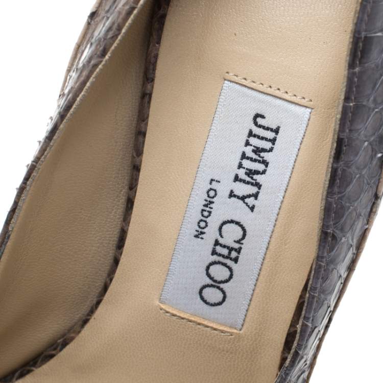 Pre Owned Jimmy Choo Beige/Grey Python Strap Peep Toe Pumps Size 37
