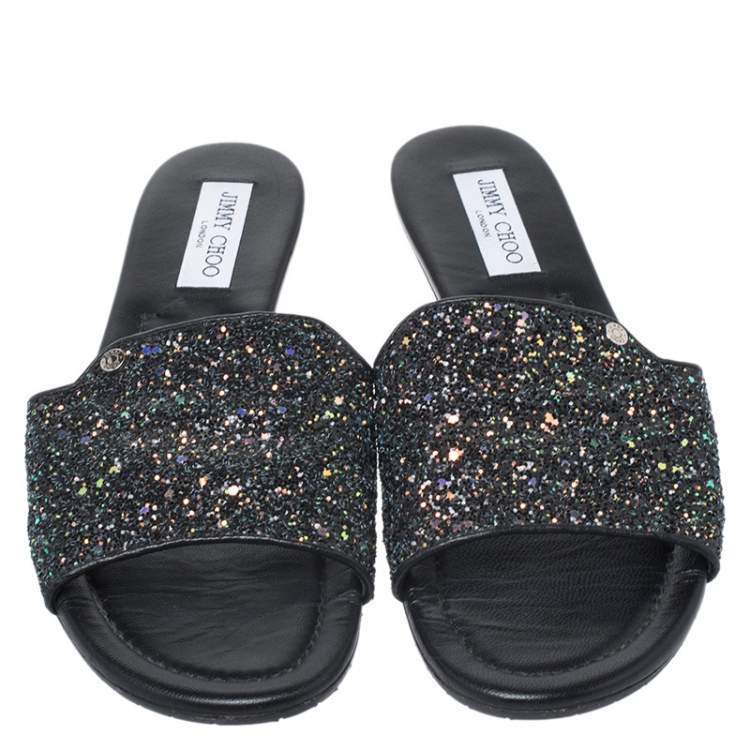 Pre Owned Jimmy Choo Black Twilight Glitter Fabric Joni Slide Flats Size 42