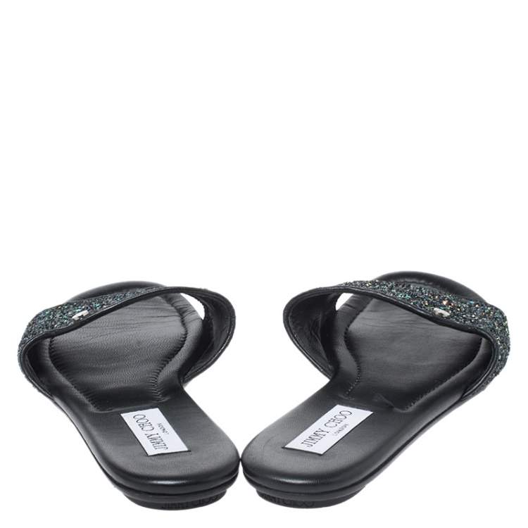 Pre Owned Jimmy Choo Black Twilight Glitter Fabric Joni Slide Flats Size 42