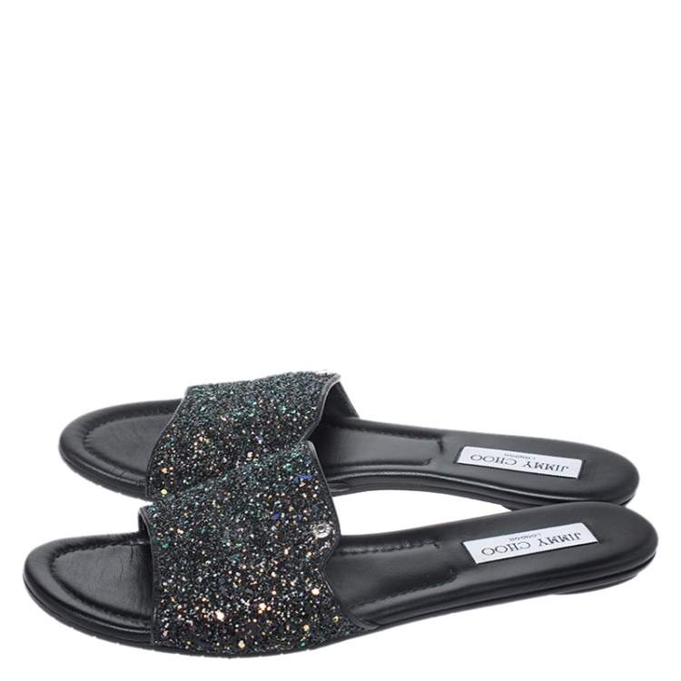Pre Owned Jimmy Choo Black Twilight Glitter Fabric Joni Slide Flats Size 42