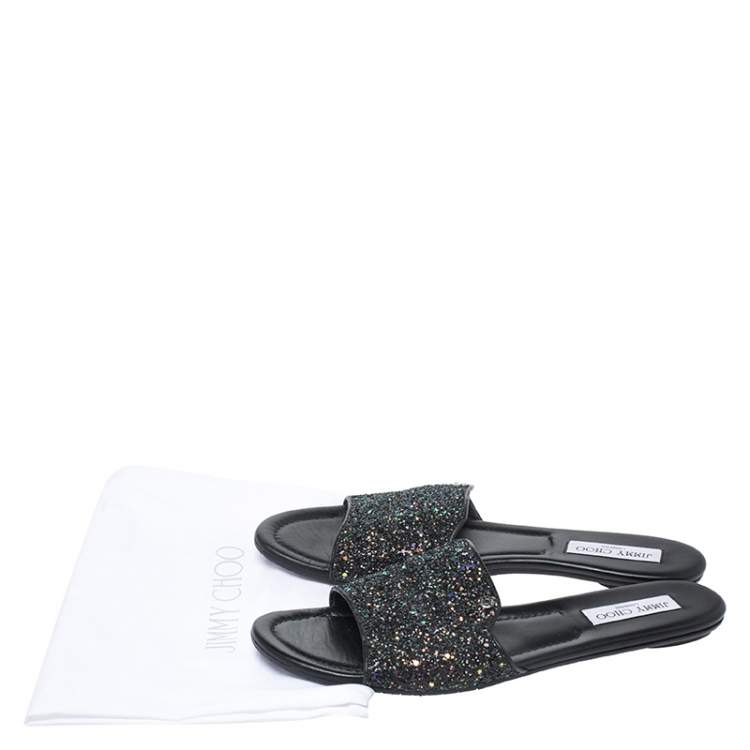 Pre Owned Jimmy Choo Black Twilight Glitter Fabric Joni Slide Flats Size 42