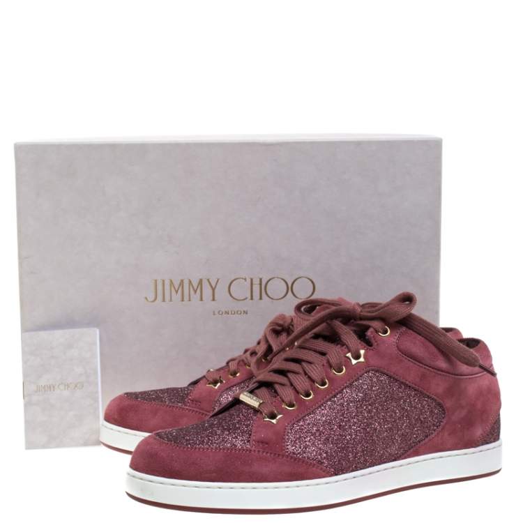 مملوكة مسبقًا Jimmy Choo Pink Glitter And Suede Miami Lace Up Sneakers Size 38