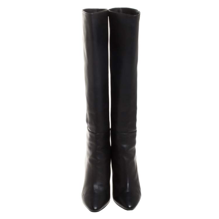 Pre Owned Jimmy Choo Black Leather Drape Knee Length Boots Size 37.5