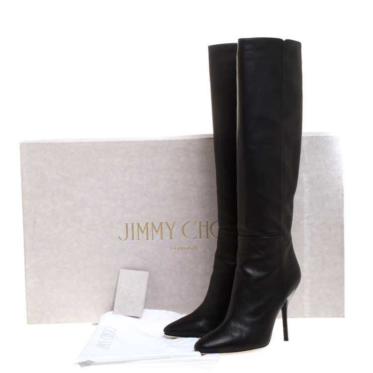 Pre Owned Jimmy Choo Black Leather Drape Knee Length Boots Size 37.5