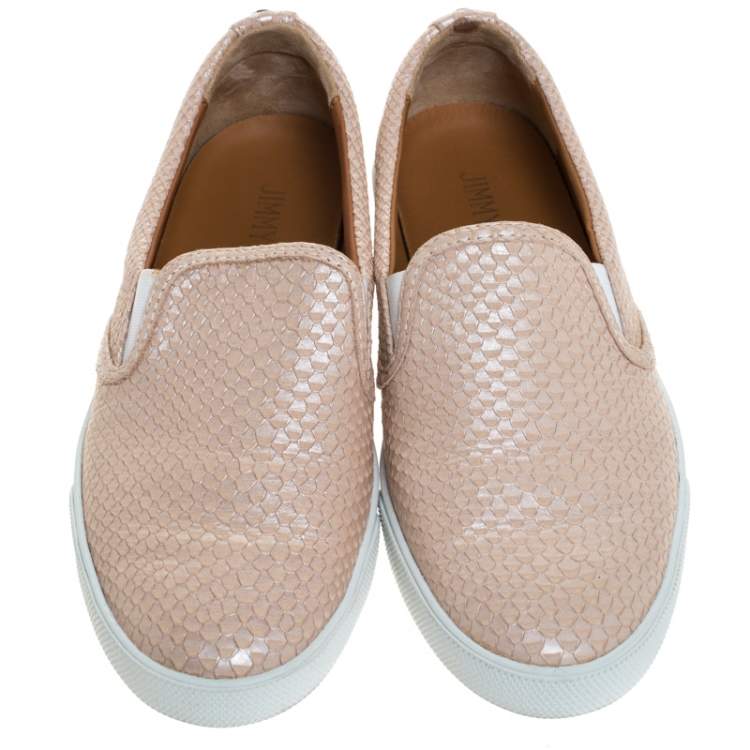 Pre Owned Jimmy Choo Beige Python Embossed Leather Slip On Sneakers Size 38