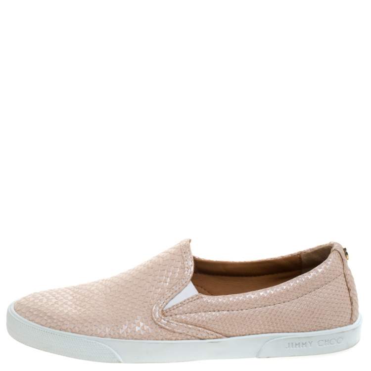 Pre Owned Jimmy Choo Beige Python Embossed Leather Slip On Sneakers Size 38