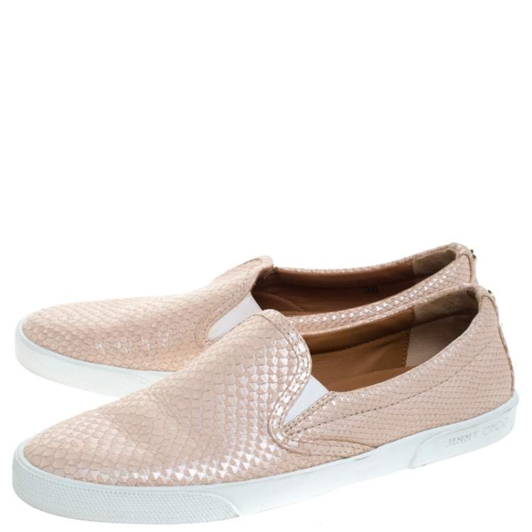 Pre Owned Jimmy Choo Beige Python Embossed Leather Slip On Sneakers Size 38